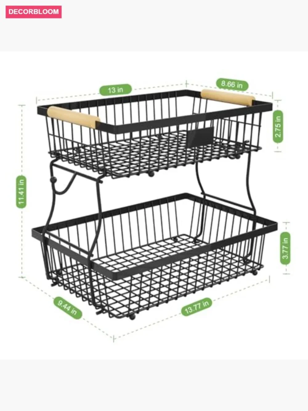 2 Tier Fruit Basket with Banana Hangers, Countertop Metal Storage Stand